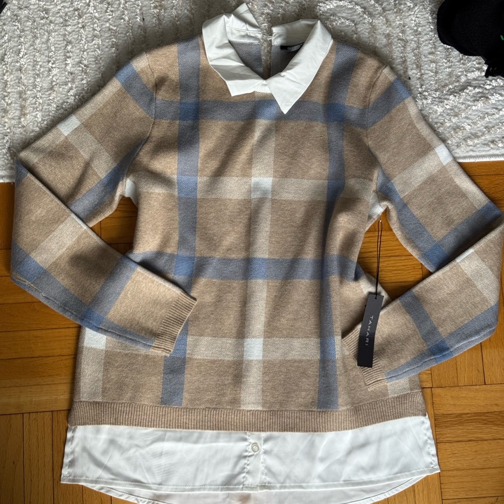 Tahari Tan and Blue Plaid Women's Sweater